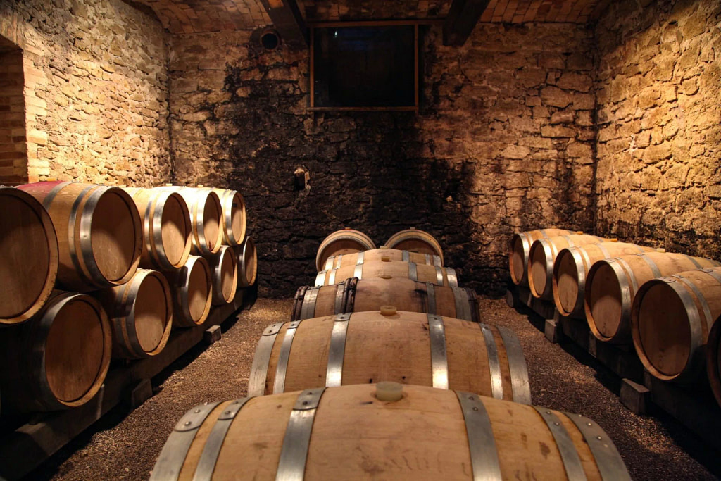 Cellar winemaking barrels